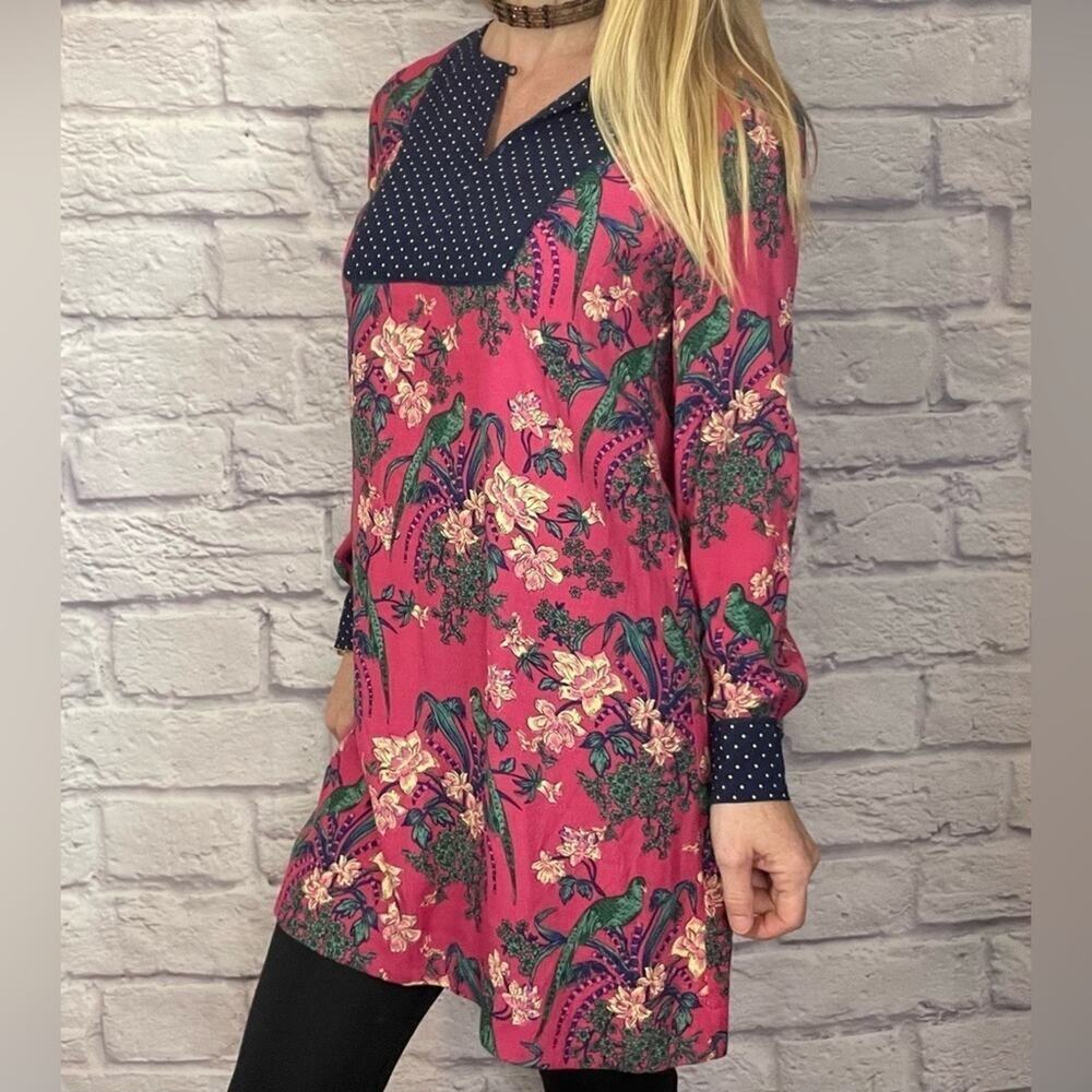 Maeve Vibrant Boho Tunic Dress/Long Shirt with Flowers & Parrot Motif